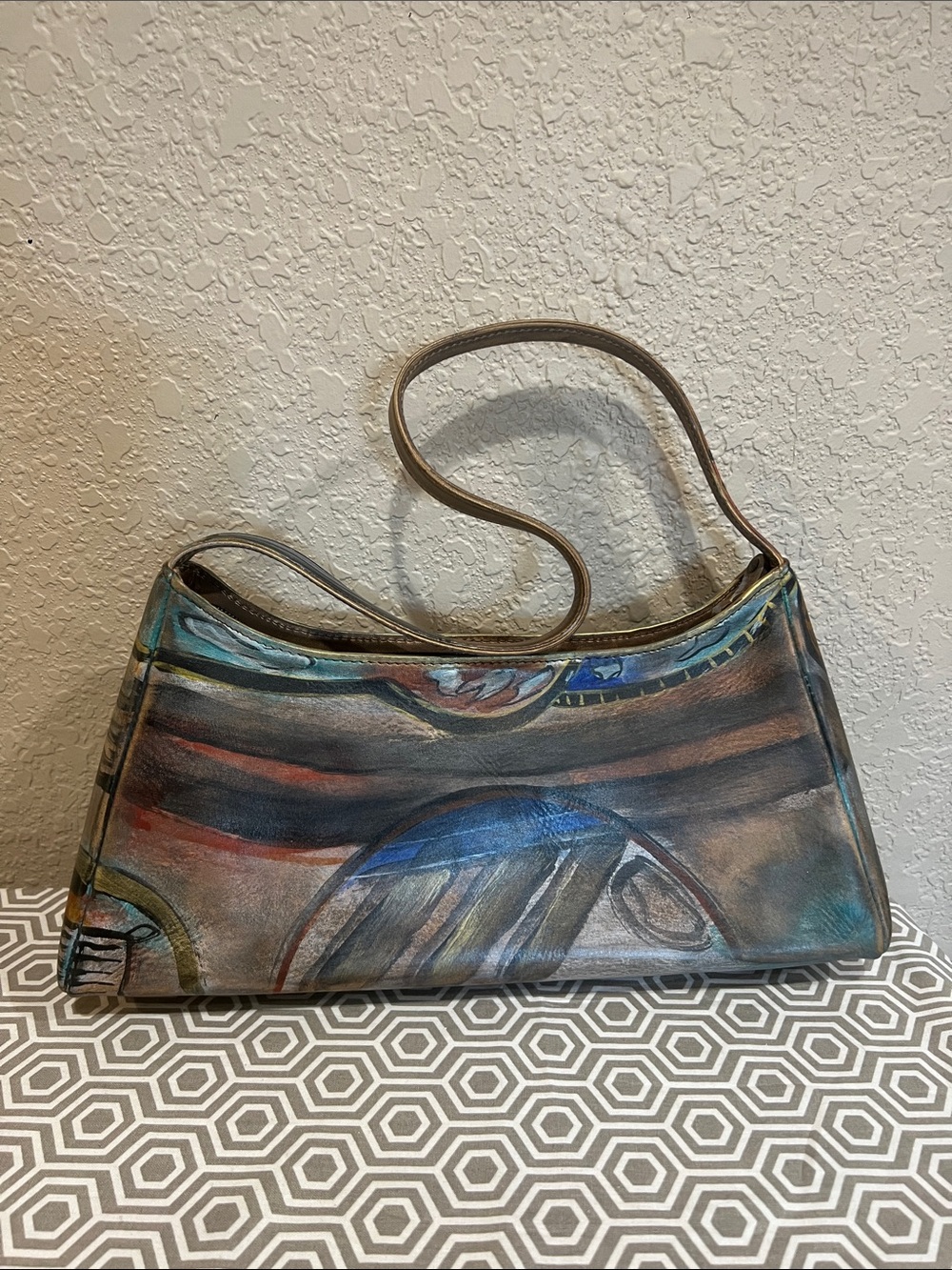 Hand-Painted Multicolor Shoulder Bag with Blue and Brown Accents